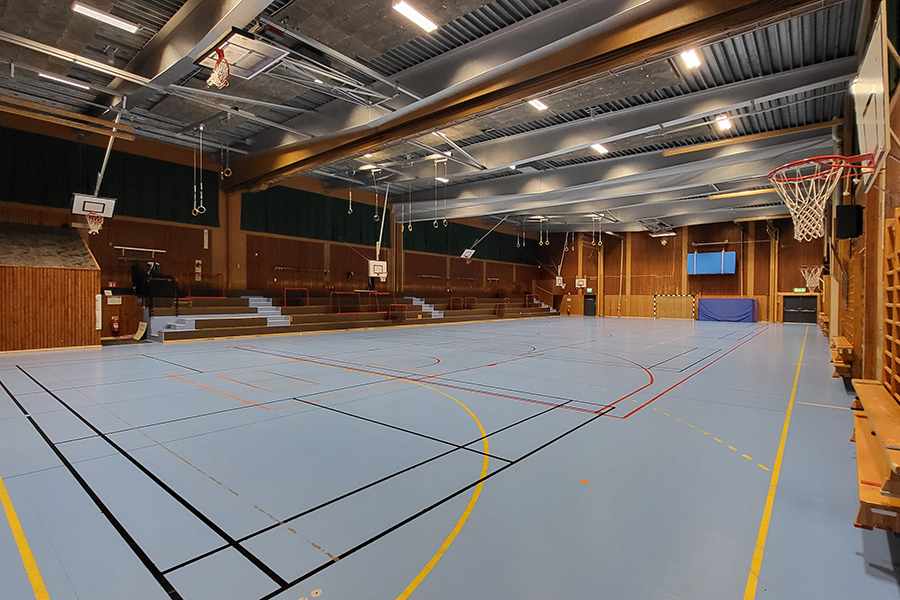 Idrottssal med blå golvbeläggning. Handbollsmål, basketkorgar, redskap i taket. Publikplatser längs ena väggen, andra väggen ribbstolar. Nödutgång.