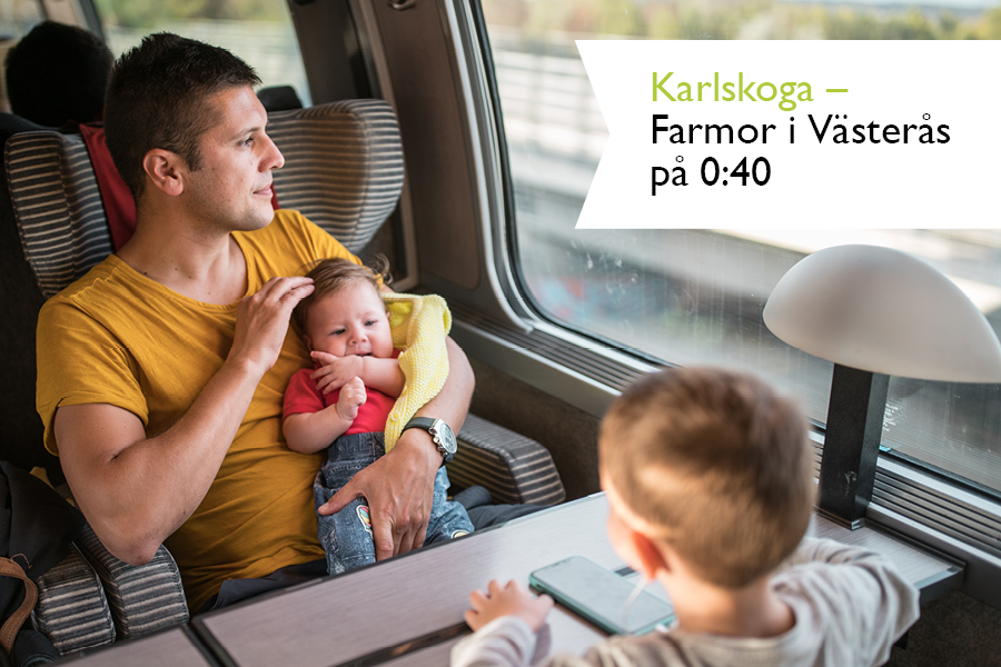 Pappa med två barn som åker tåg till farmor i Västerås.