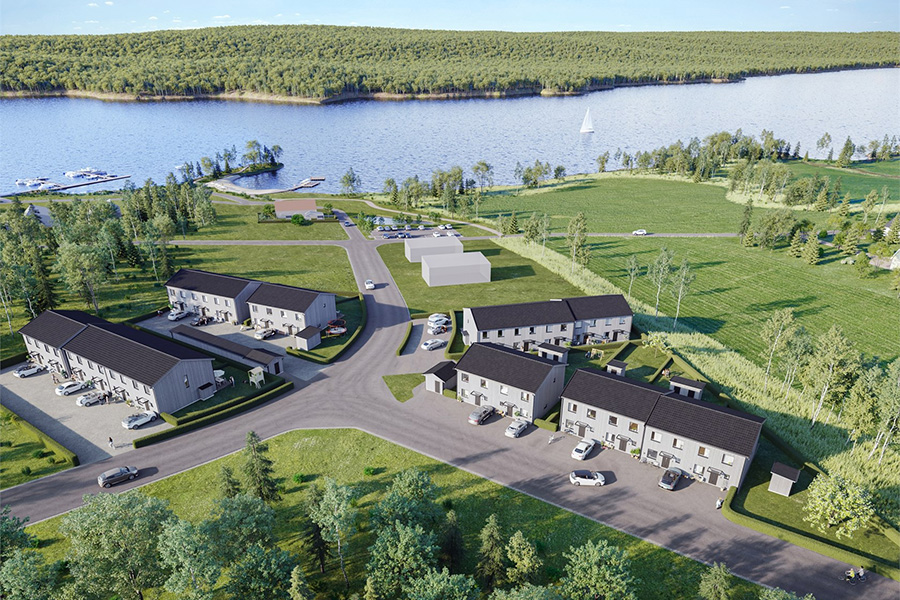 Illustration på radhus med grå fasad och svarta tak sett uppifrån.