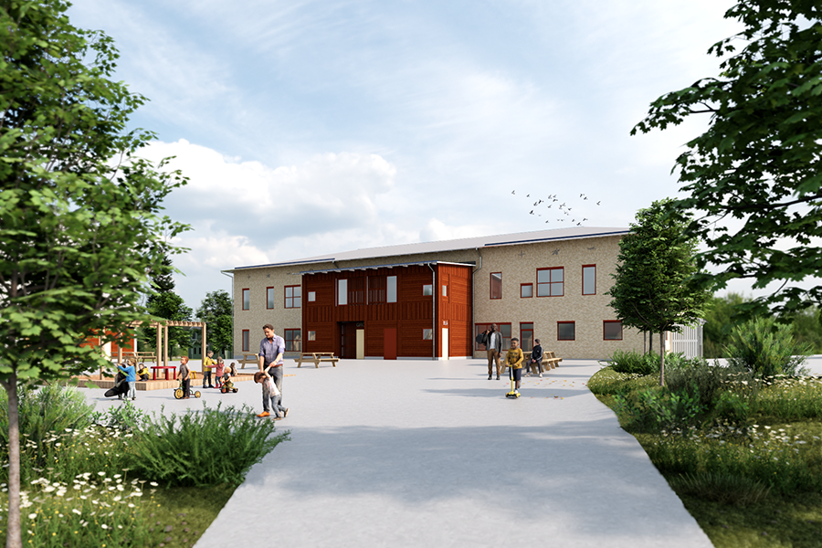 En illustration på en byggnad med gult tegel och röda brädor runt fönstren. Utanför byggnaden leker barn.