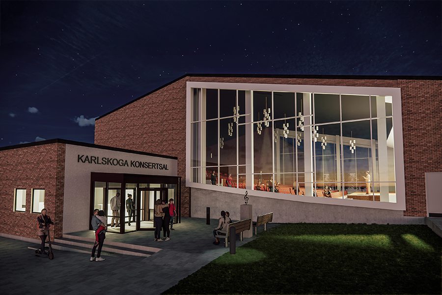 Illustration som visar en byggnad på kvällstid med stora glaspartier som är upplysta.