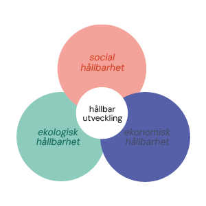 En symbol med fyra cirklar som symboliserar hur alla tre områdena social, ekologisk och ekonomisk hållbarhet bidrar till hållbar utveckling.