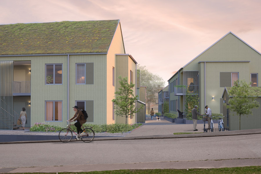 Illustration med två gröna lägenhetshus och människor som går och cyklar utanför