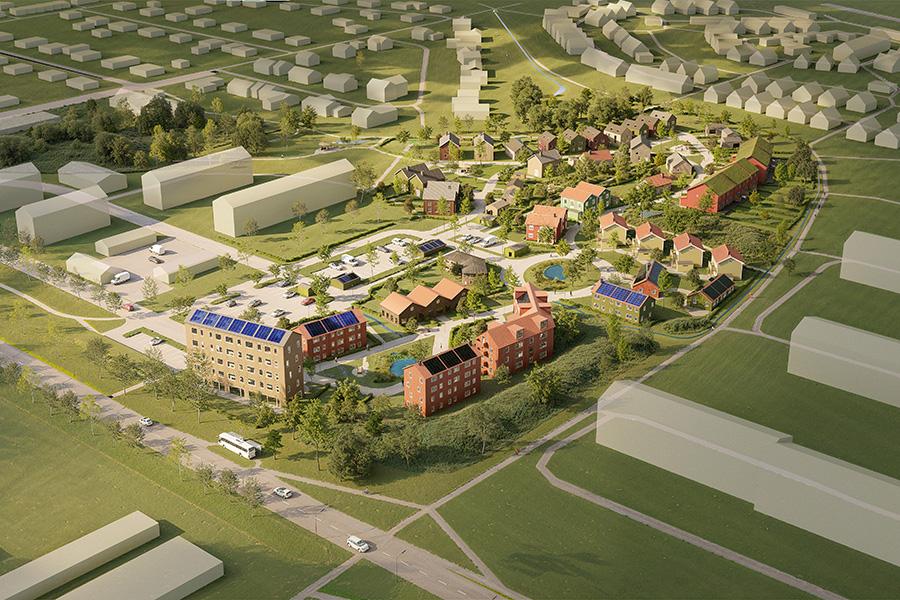 En illustrerad bild över ett bostadsområde. Bilden visar röda hus men många gröna träd och buskar.