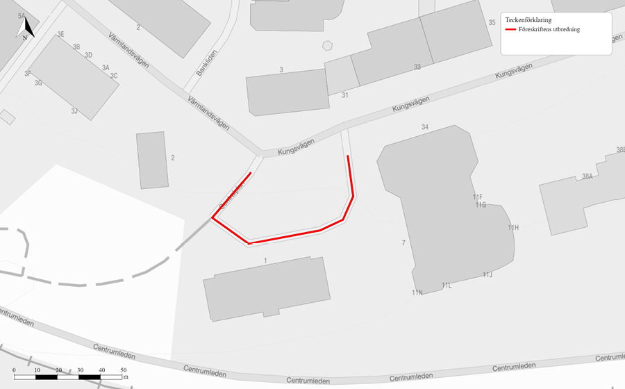 Kartbild över Centralplan och den avstängda sträckan markerad med en röd linje.