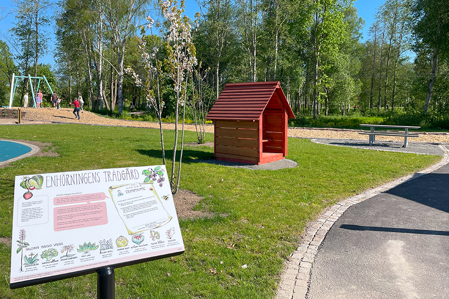 En skylt syns i förgrunden med rubriken "Enhörningens trädgård". I bakgrunden syns ett lekhus och en linbana.