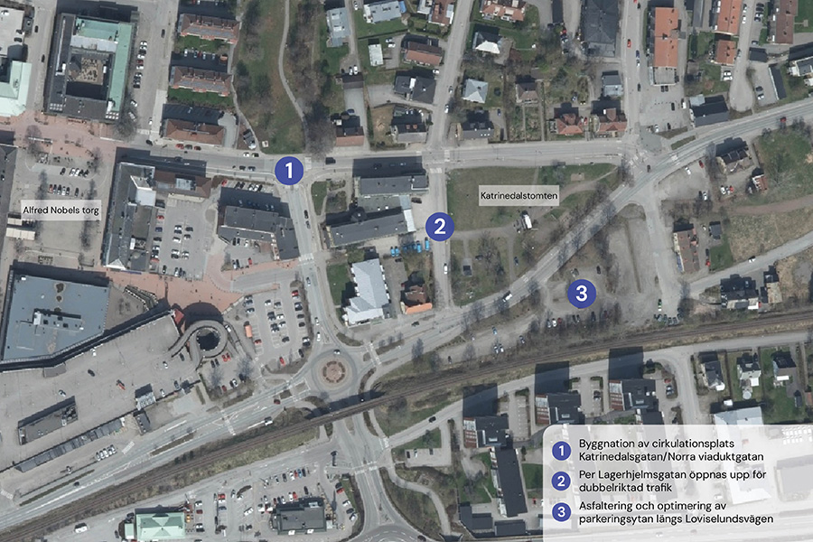 Kartbild över centrala Karlskoga. Tre runda ringar på bilden är markerade med siffrorna 1, 2 och 3. I högra hörnet finns en beskrivning av vad varje siffra betyder. 