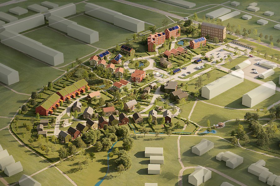 Illustration som visar ett bostadsområde från luften. Husen i området är röda och har gröna tak. I området finns mycket träd och vägar som slingrar sig mellan husen.