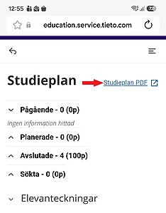Bild som visar elevvyn på Edlevo med en röd pil som pekar mot rubriken "Studieplan PDF"