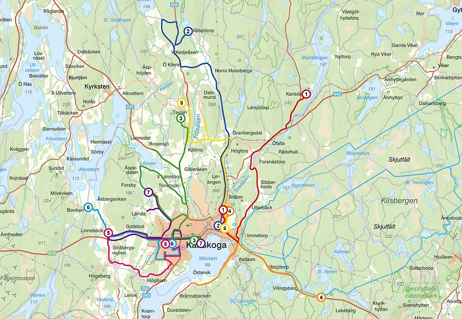 Karta över skolbussarnas olika turer i Karlskoga kommun.