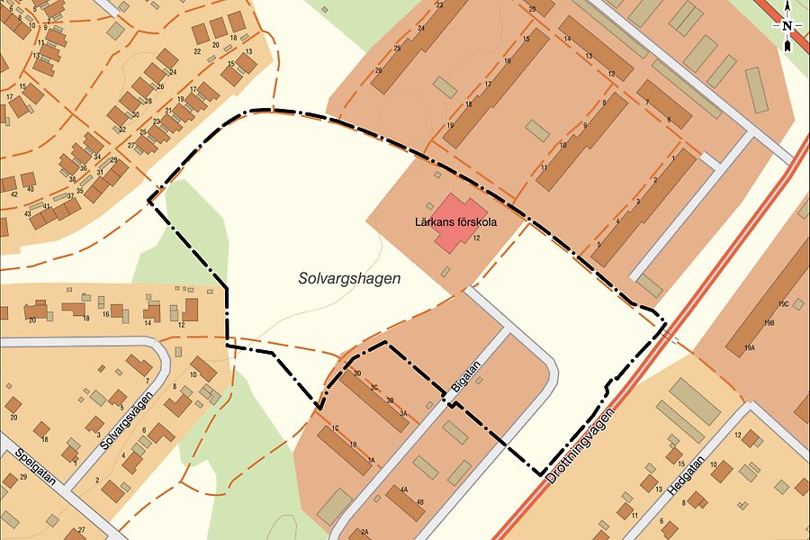 Kartbild med en svart sträckad linje som ringar in ett avgränsat område.
