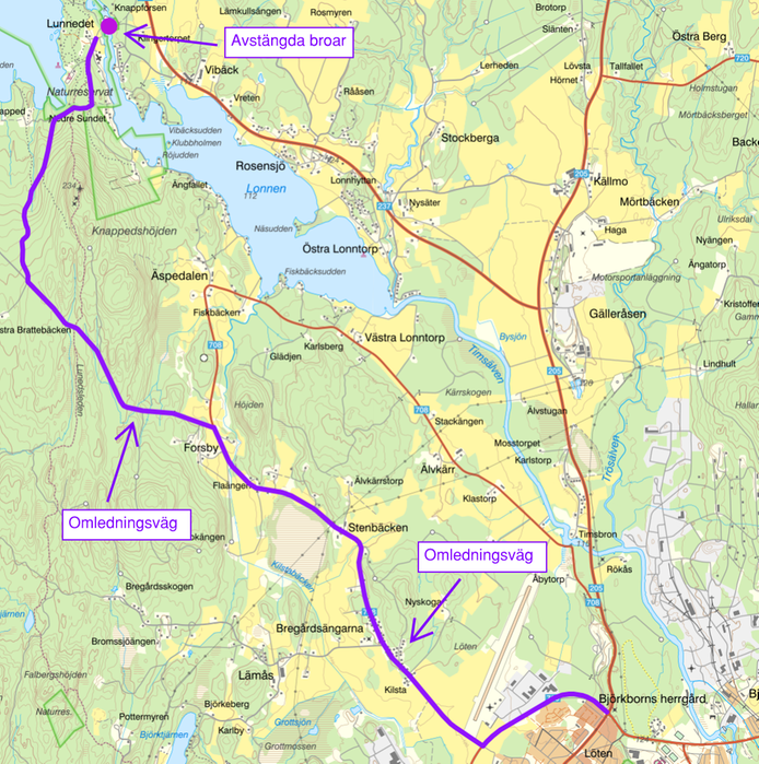 En kartbild över Karlskoga. En lila linje markerar en vägsträcka mellan Karlskoga tätort till Lunnedet.